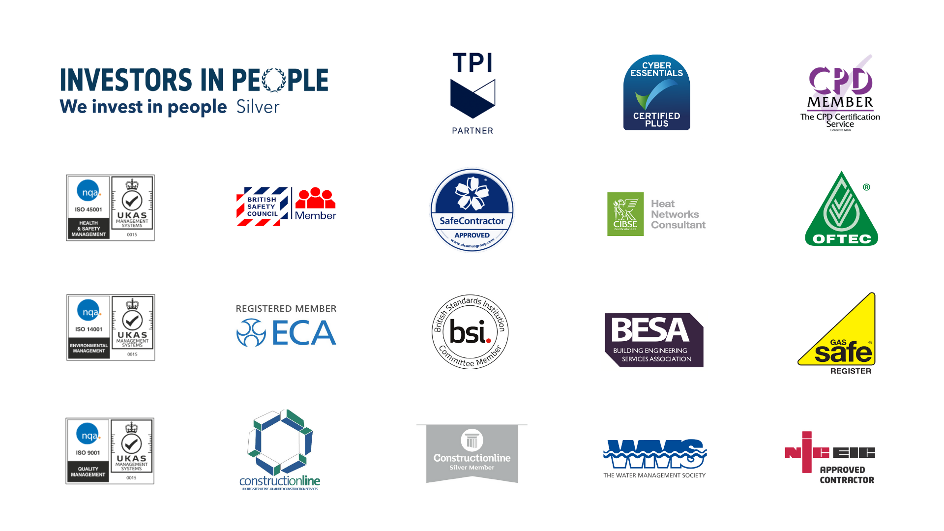 DMG-Delta_Our-Credentials-and-Clients DMG Delta holds industry-leading accreditations including ISO 9001, ISO 14001 and ISO 45001, Investors in People Silver, Gas Safe Register, NICEIC, BESA, SafeContractor, and more. Our credentials show our commitment to safety, quality, environmental responsibility and professional standards.